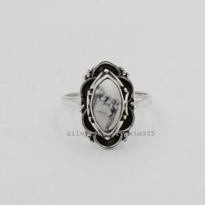 White Howlite Sterling Silver Ring: Marquise Gemstone Statement Jewelry White Howlite Sterling Silver Ring: Marquise Gemstone Statement Jewelry