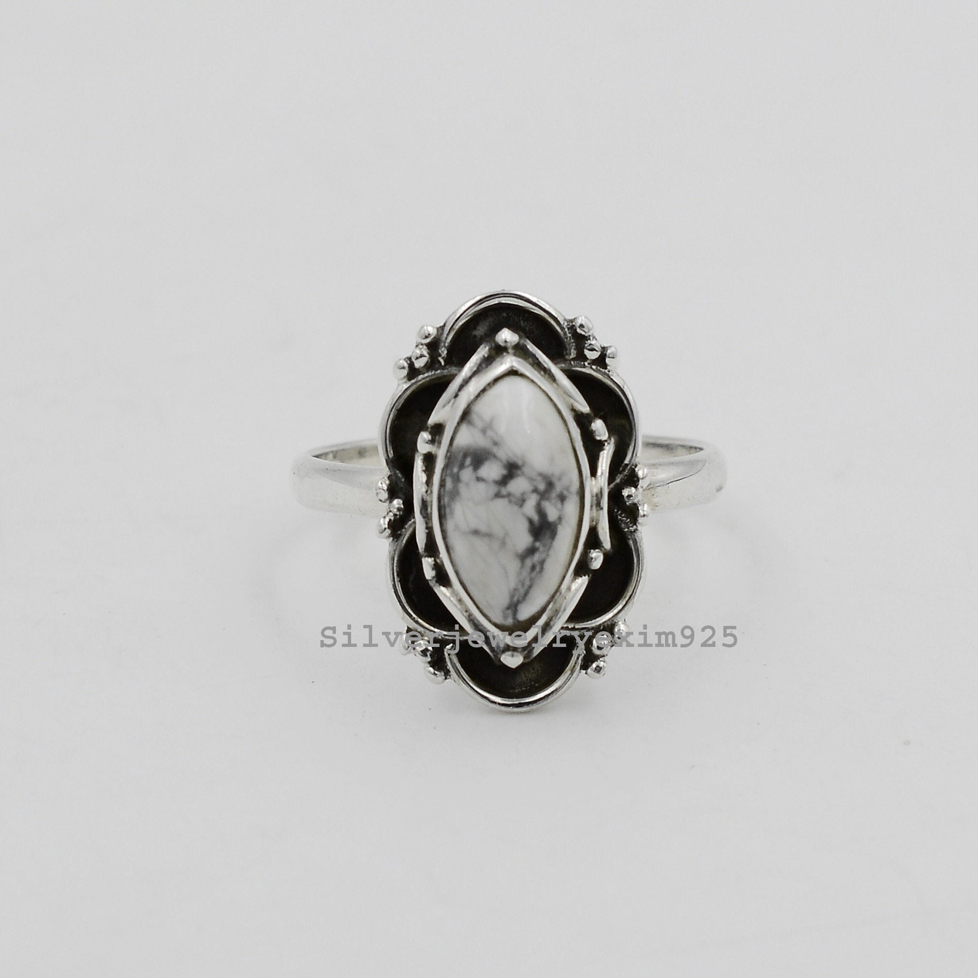 White Howlite Sterling Silver Ring: Marquise Gemstone Statement Jewelry