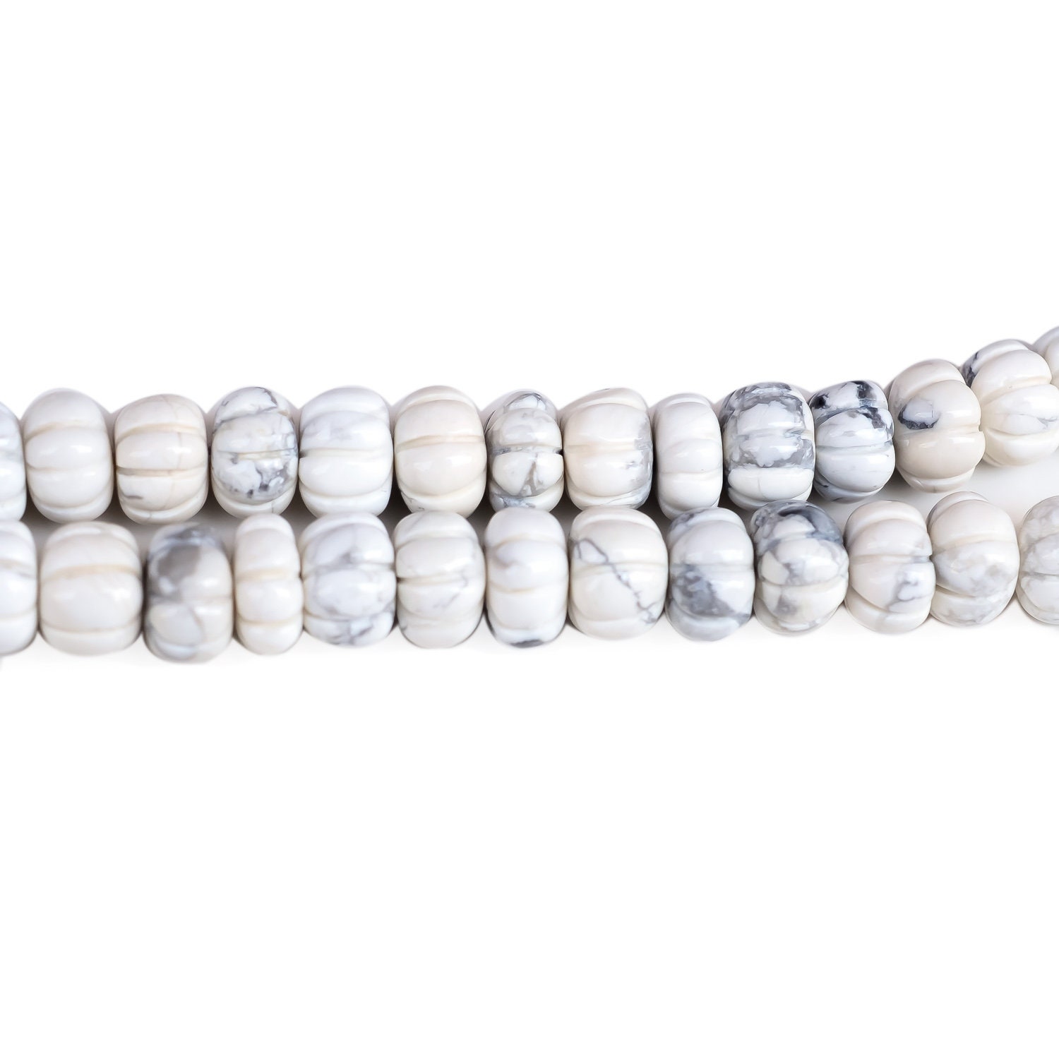 Carved Howlite Melon Beads: 7-8mm White Gemstone Rondelle, 9 Inch Strand Carved Howlite Melon Beads: 7-8mm White Gemstone Rondelle, 9 Inch Strand