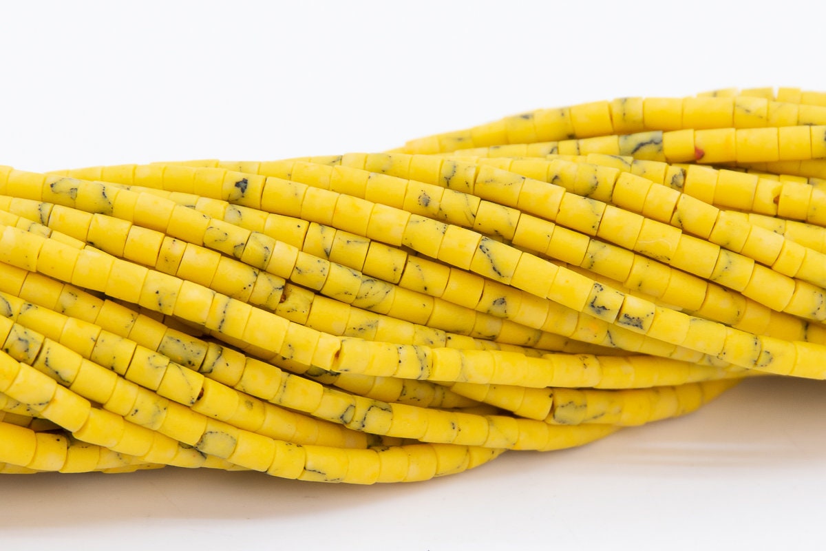 2x2mm Yellow Howlite Beads Full Strand Round Tube Loose Beads 12" Bulk Lot Options (109890-3102)