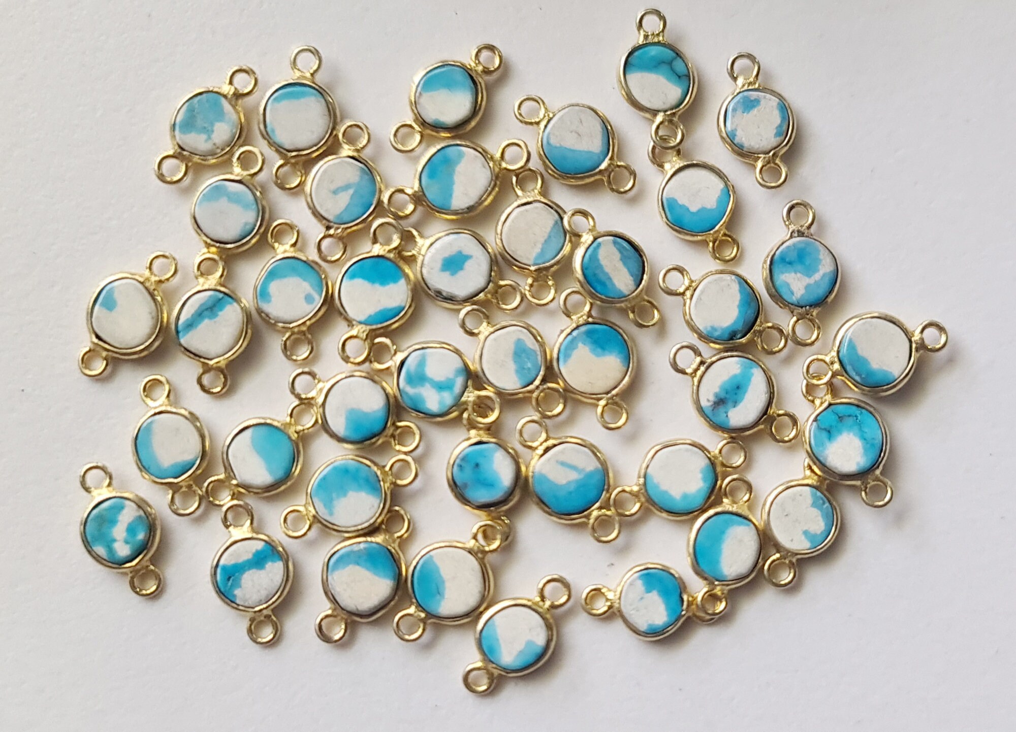 Howlite Charm Connector Plain Flat Round 925 Silver With Gold Polish Bezel Connector 15.5mm Double Loop Finding (5pc To 10pcs Option)-psg312