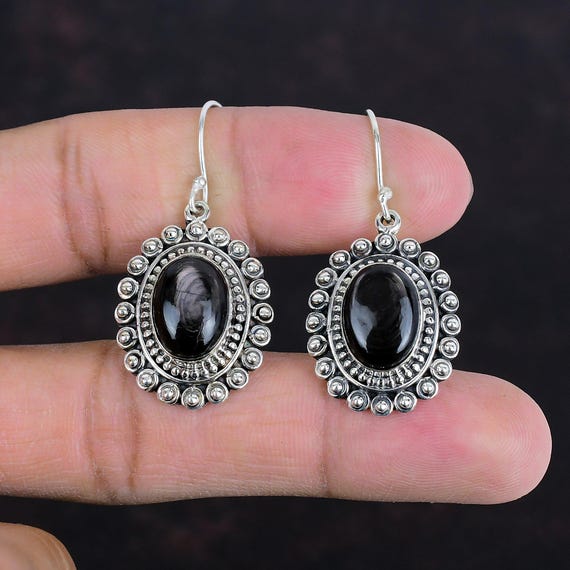 Hypersthene Gemstone Earrings: Handmade 925 Sterling Silver Antique Jewelry
