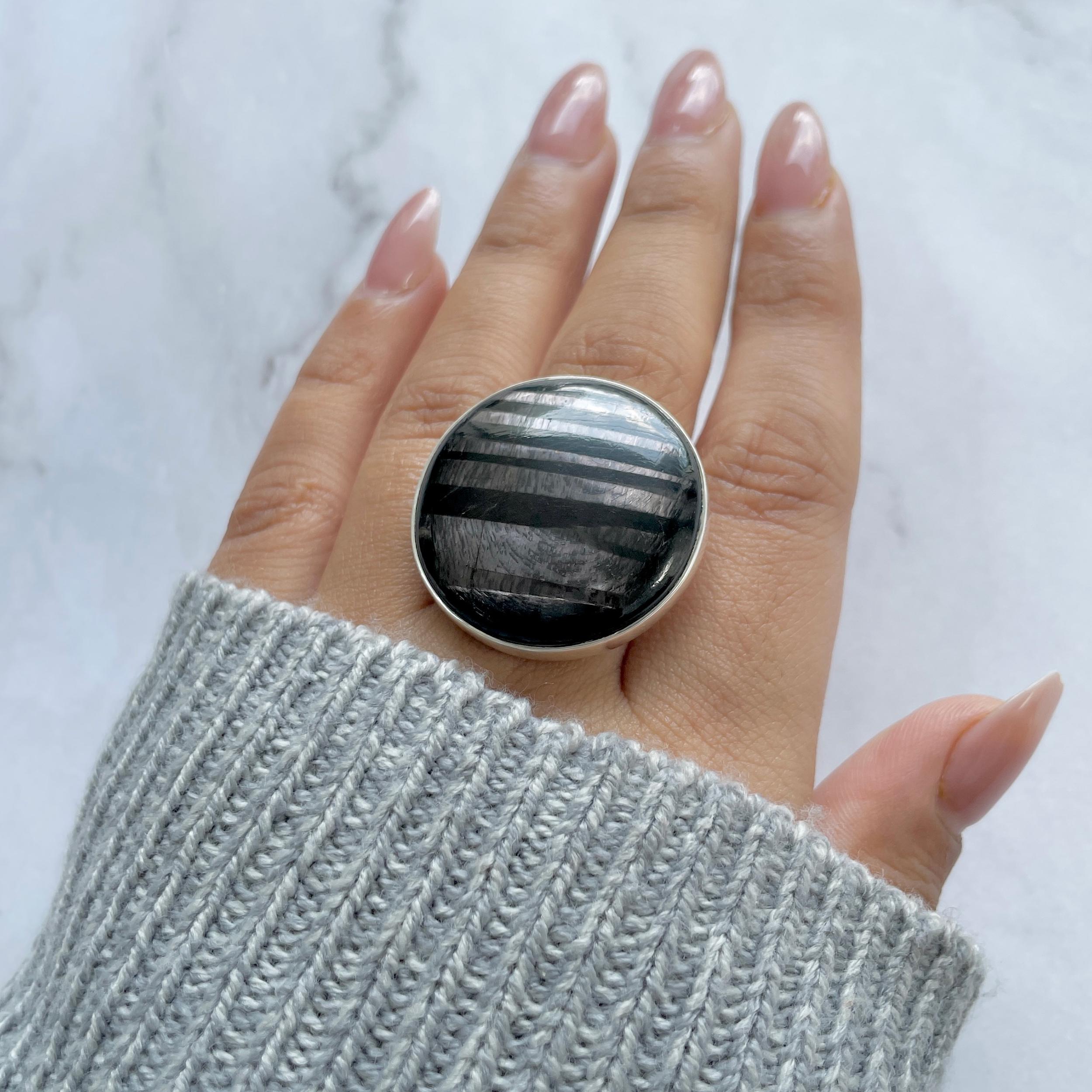 Hypersthene Adjustable Ring / 925 Sterling Silver / Healing Gemstone / Gift For Her / Round / Hypersthene Jewelry / Statement Ring Hyp-r-17.