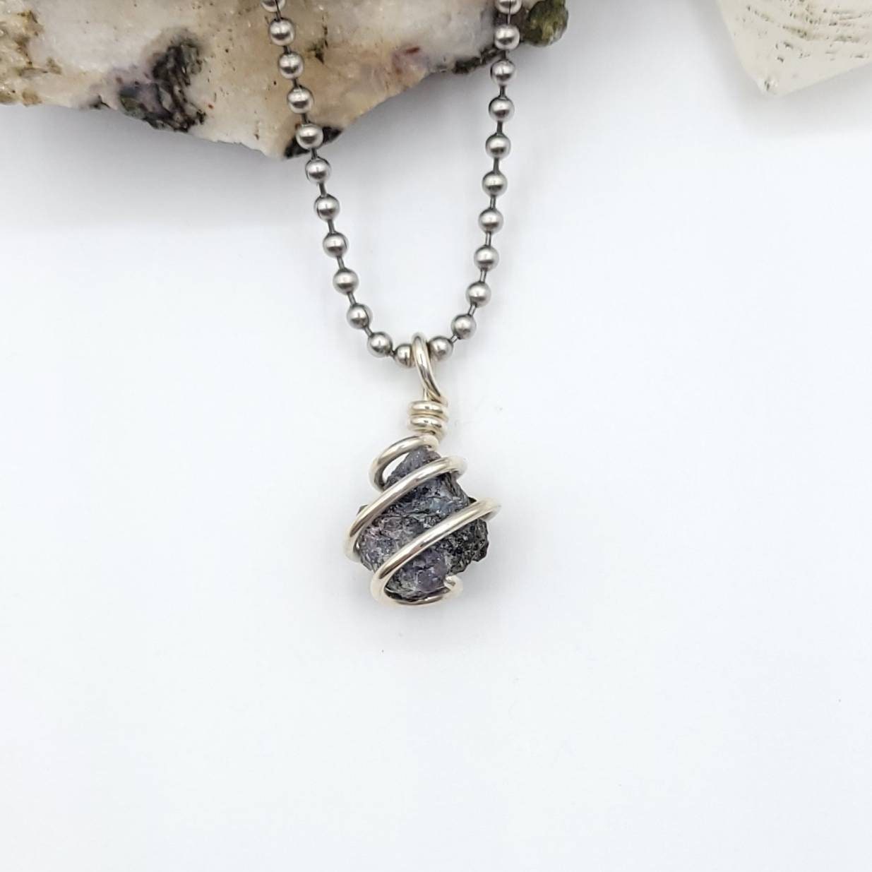 Mystic Merlinite Necklace In Silver | Wire Wrapped Indigo Gabbro Pendant