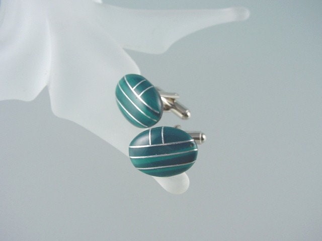 Inlaid Malachite Cufflinks - Natural Gemstone / Sterling Silver Cuff Links - Hand Made In Usa