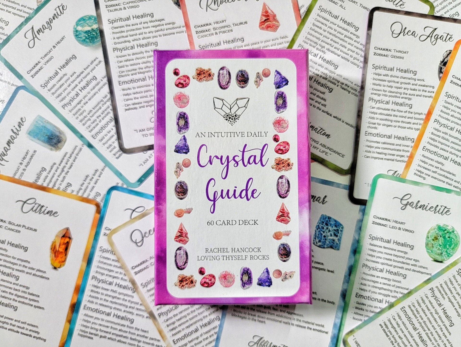 Intuitive Crystal Card Deck | 60 Card Set | - (healing Stone Informational Notecard, Tarot, Oracle, Angel)