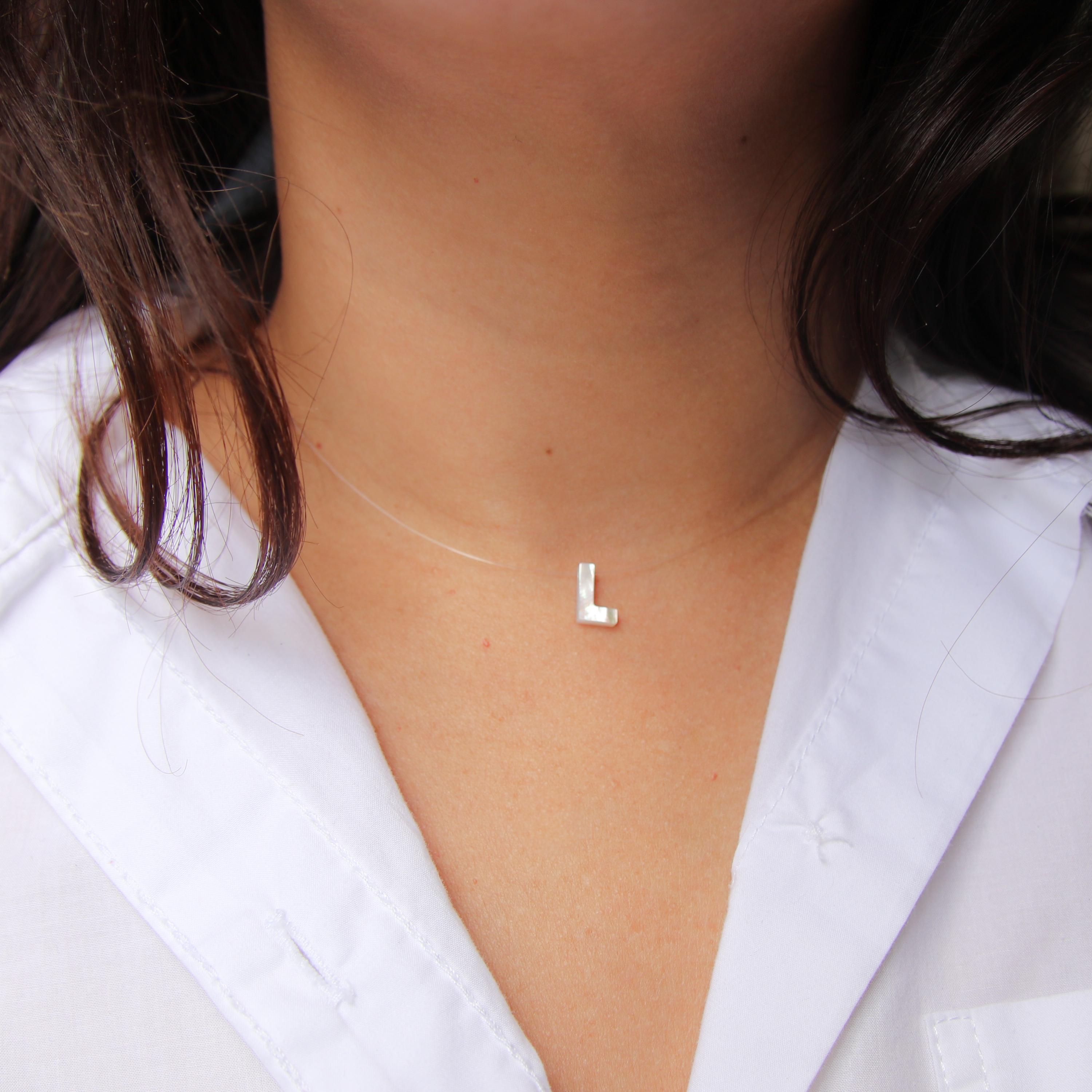 Invisible Initial Choker Necklace, Floating Letter Charm Dainty, Initial Illusion Necklace, Small Crystal Choker, Invisible Letter Necklace