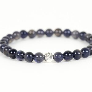 Iolite Genuine Gemstone Bracelet, Blue Indigo 6mm Iolite Stones, Stretch Bracelet with Sterling Silver Accent Bead
