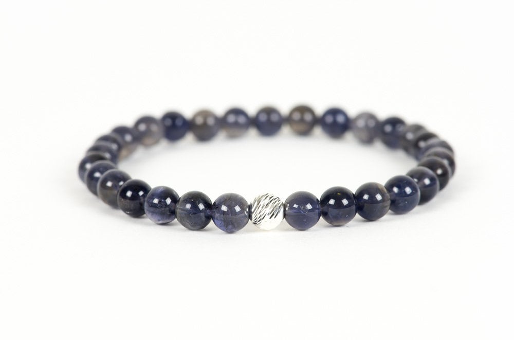 Iolite Genuine Gemstone Bracelet, Blue Indigo 6mm Iolite Stones, Stretch Bracelet With Sterling Silver Accent Bead