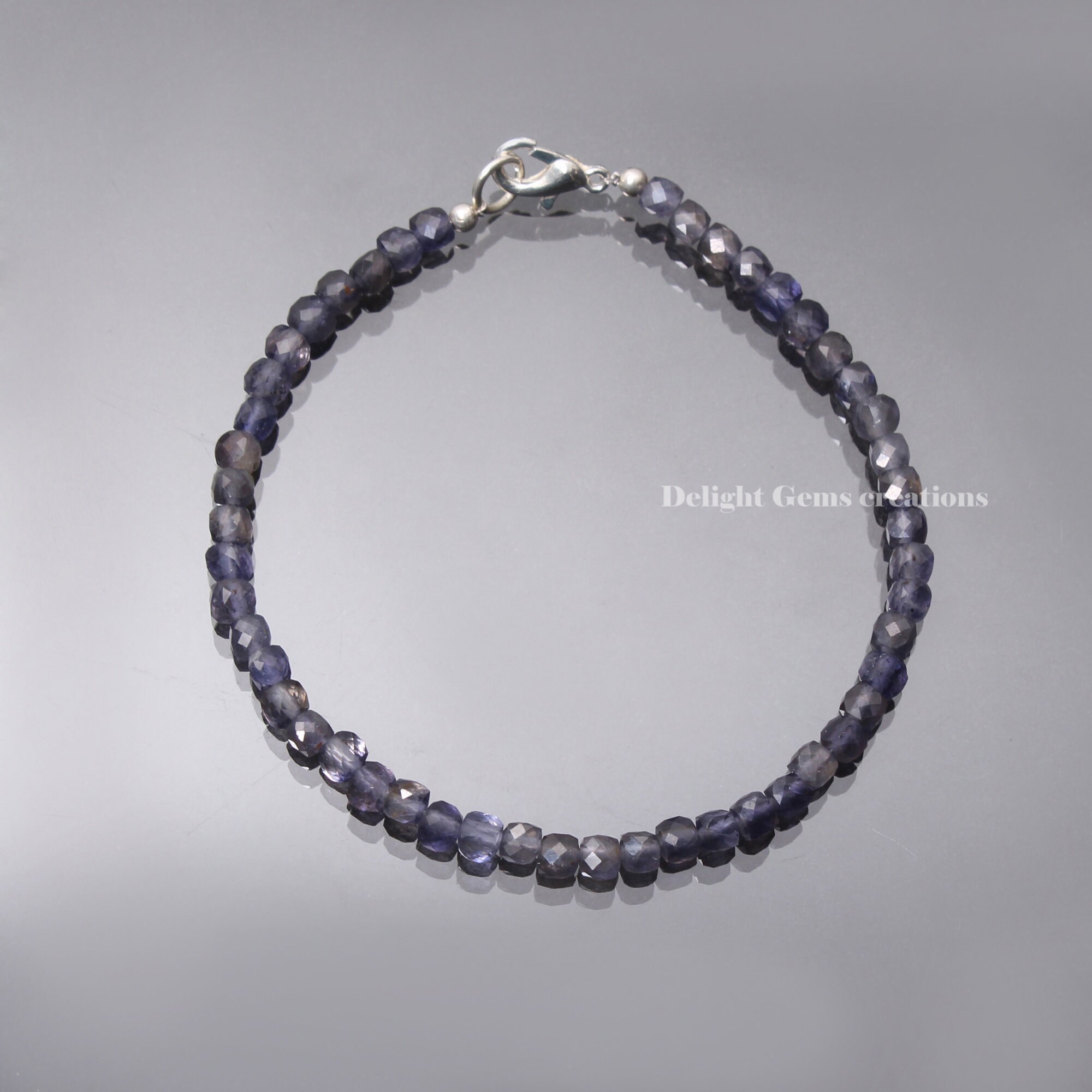 Natural Iolite Bracelet, Faceted Cube Gemstone Jewelry, 4mm Natural Iolite Bracelet, Faceted Cube Gemstone Jewelry, 4mm
