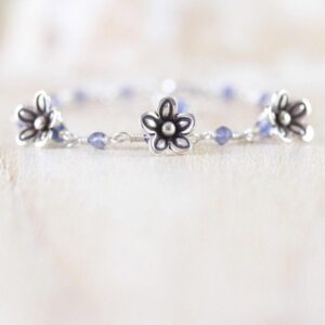 Iolite, Sterling & Fine Silver Bracelet With Karen Hill Tribe Flower Charms, Dainty Blue Iolite Gemstone And Wire Wrapped Rosary Chain