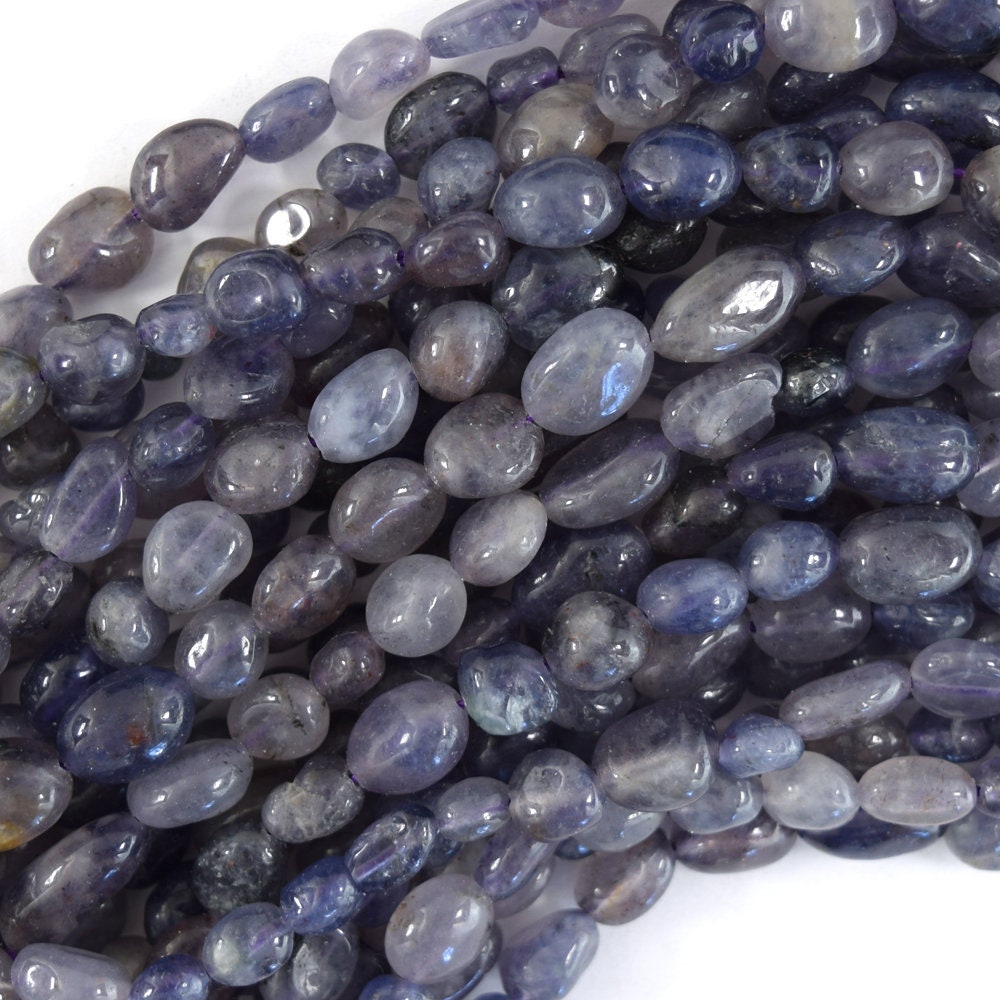 6mm - 8mm Natural Blue Iolite Pebble Nugget Beads 15.5" Strand