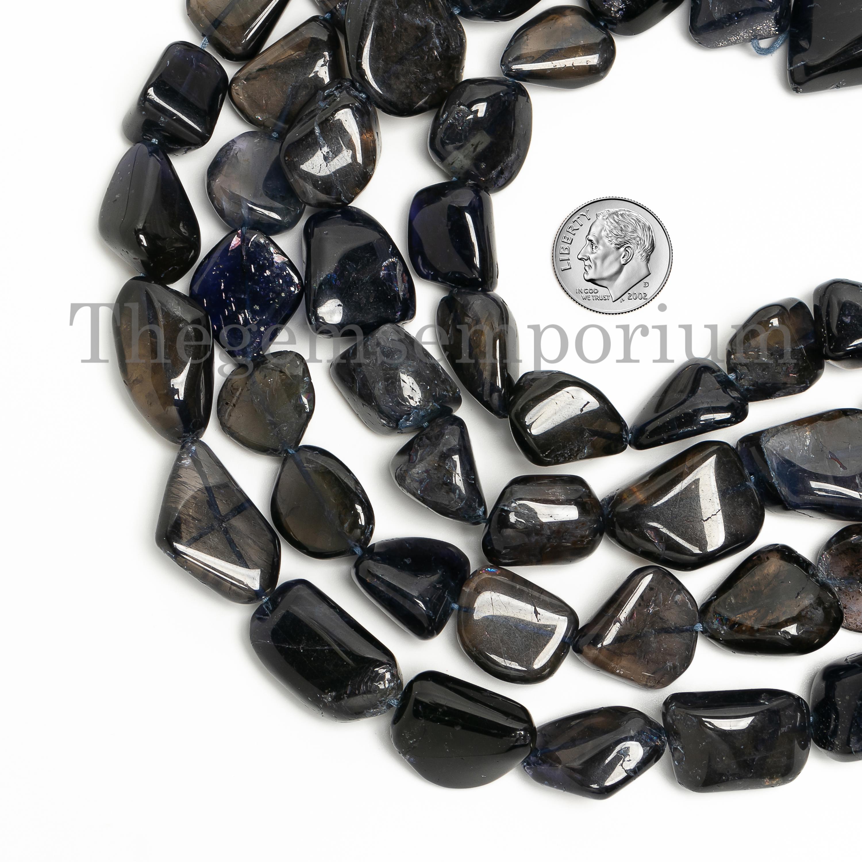 Natural Iolite Plain Nuggets Beads, Raw Smooth Tumble Beads Strand, Loose Polished Rough Beads, Birthstone Gemstone For Necklace Making Bead