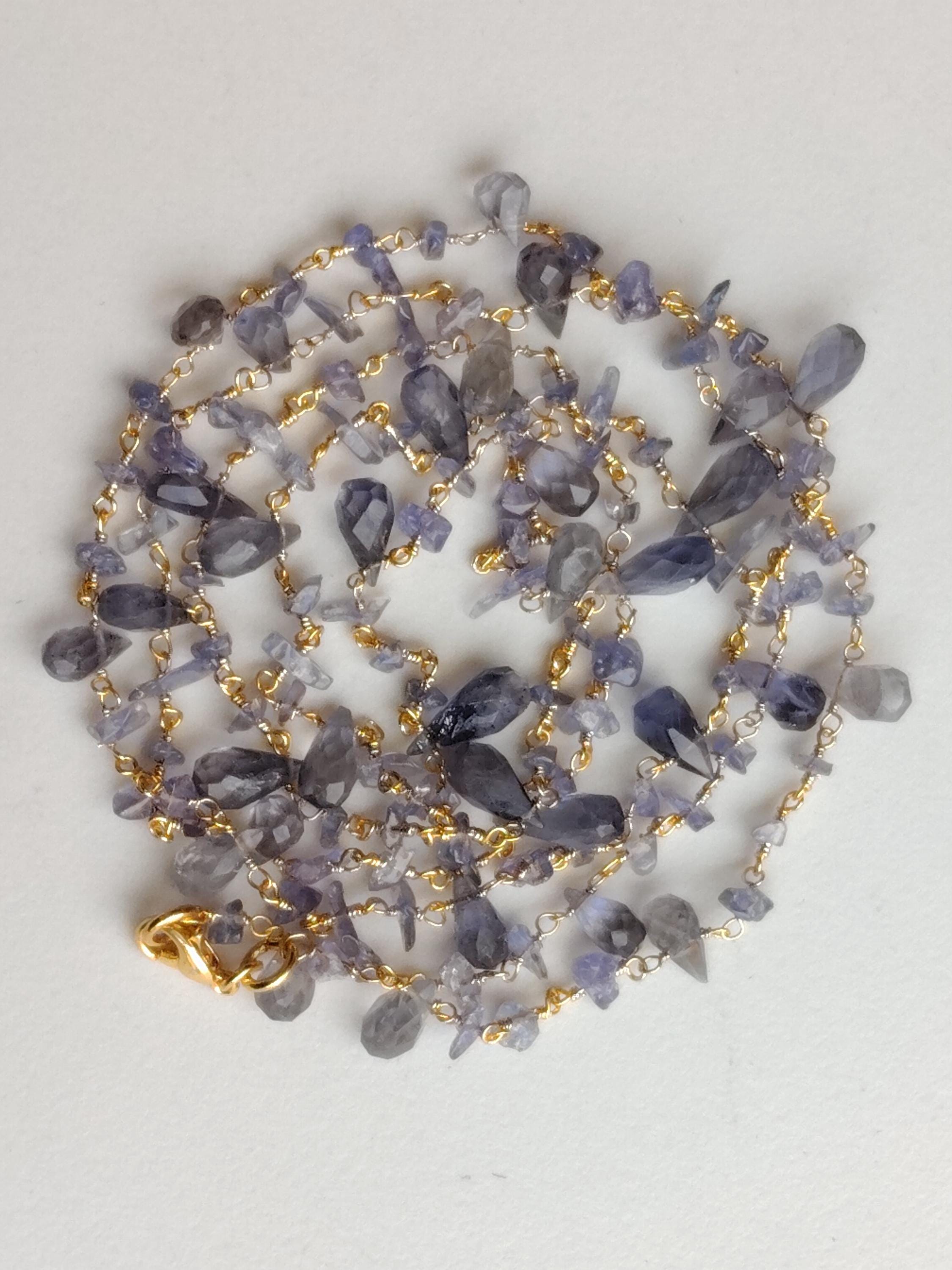 Iolite Rough 3.5-7mm & Drop5x8mm Wire Wrapped Beaded Rosary Chain 925 Silver Rosary Chain, Colorful Necklace - Psg374