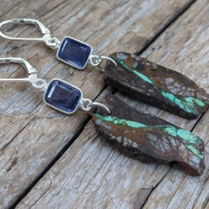 African Turquoise & Iolite Silver Earrings, Luxury Boho Jewelry, Gift For Her