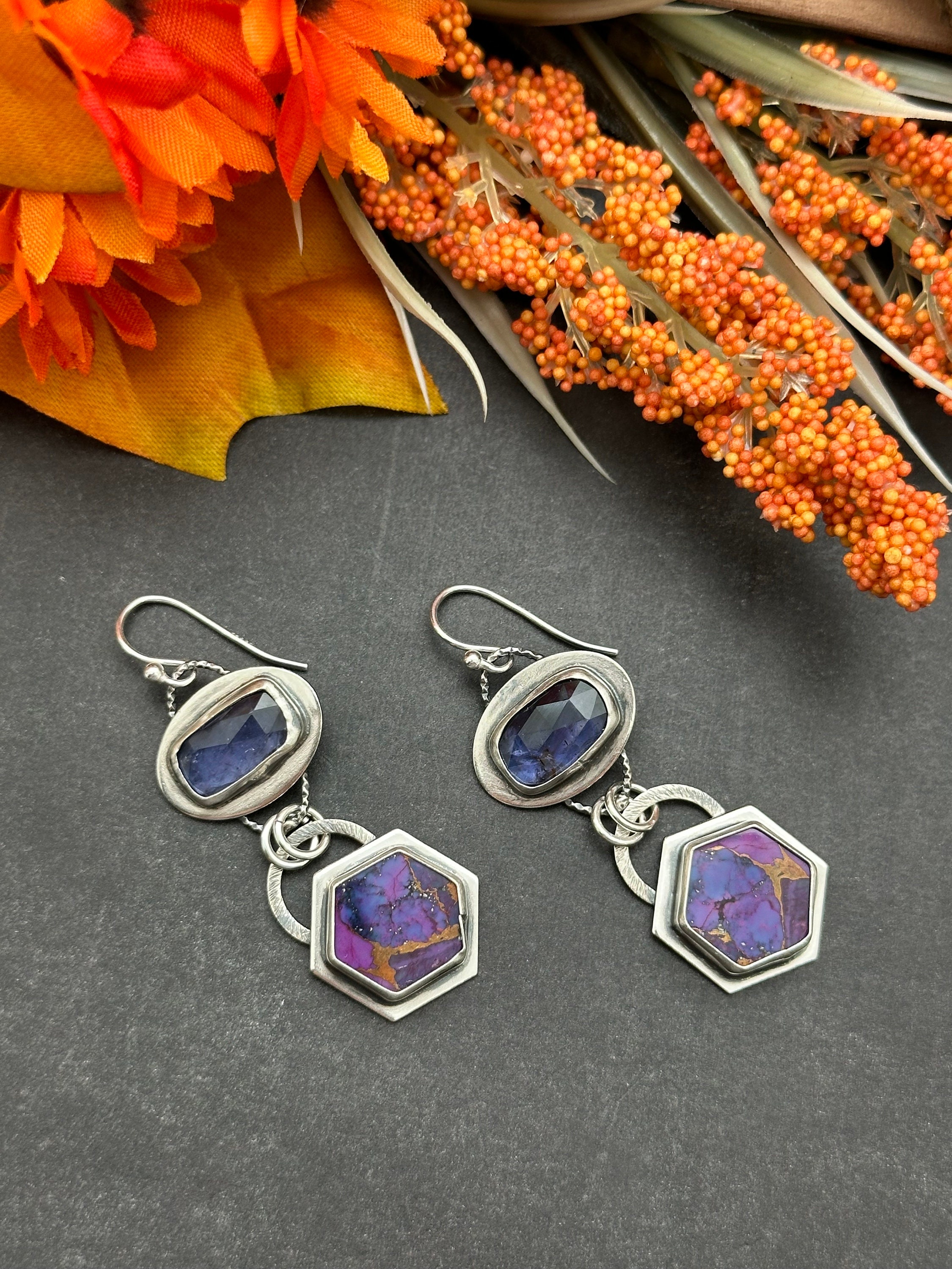 Iolite And Purple Mojave Turquoise Artisan Earrings Iolite And Purple Mojave Turquoise Artisan Earrings