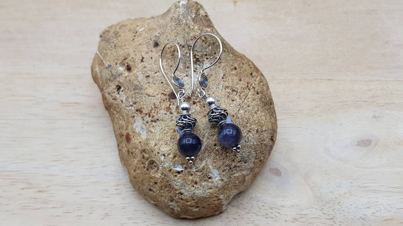 Iolite Earrings. Bali Silver Beads. Reiki Jewelry Uk. 21st Anniversary Gemstone