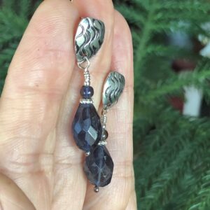 Blue Iolite Dangle Earrings: Hammered Sterling Silver, September Birthstone