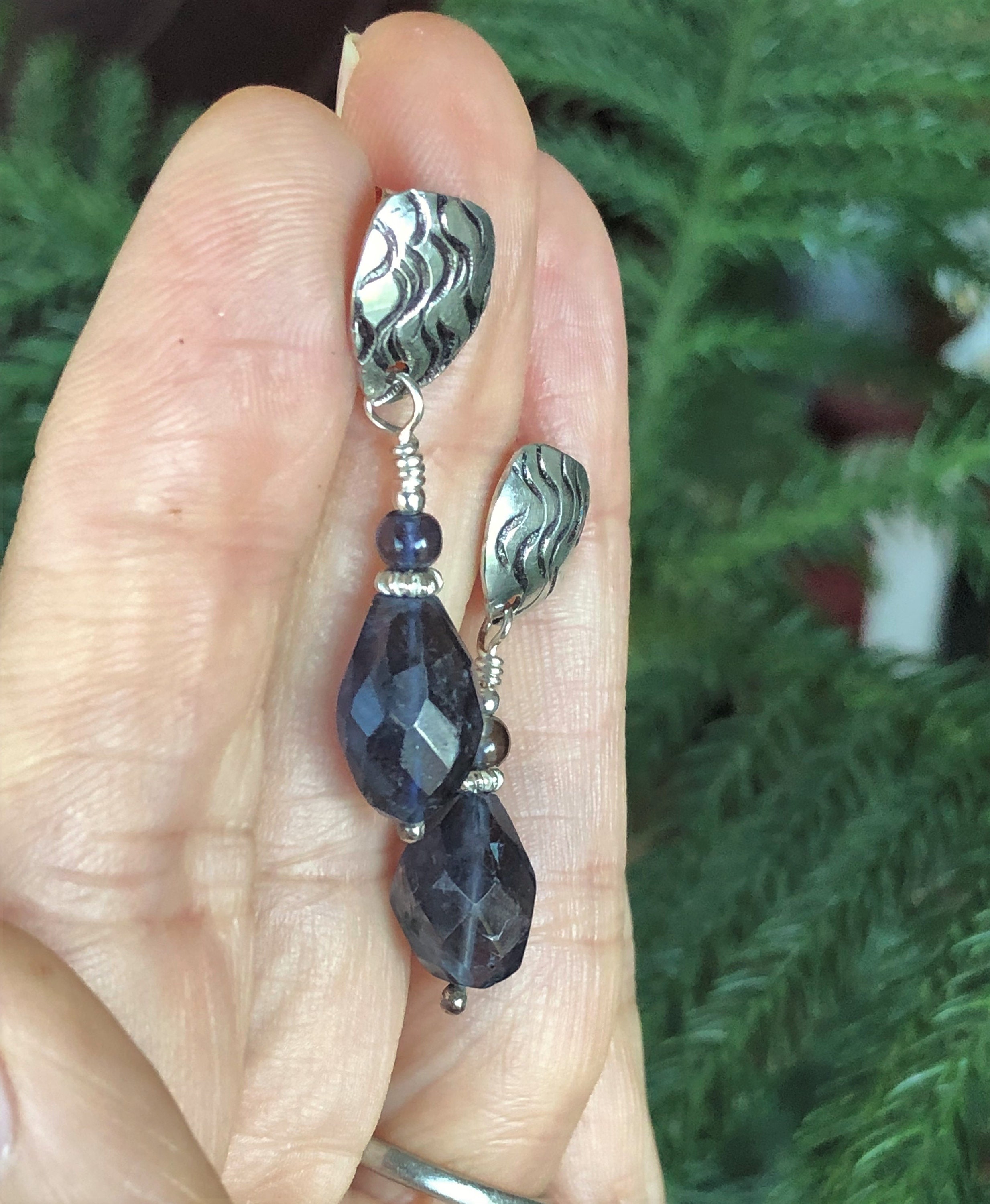 Blue Iolite Dangle Earrings: Hammered Sterling Silver, September Birthstone Blue Iolite Dangle Earrings: Hammered Sterling Silver, September Birthstone