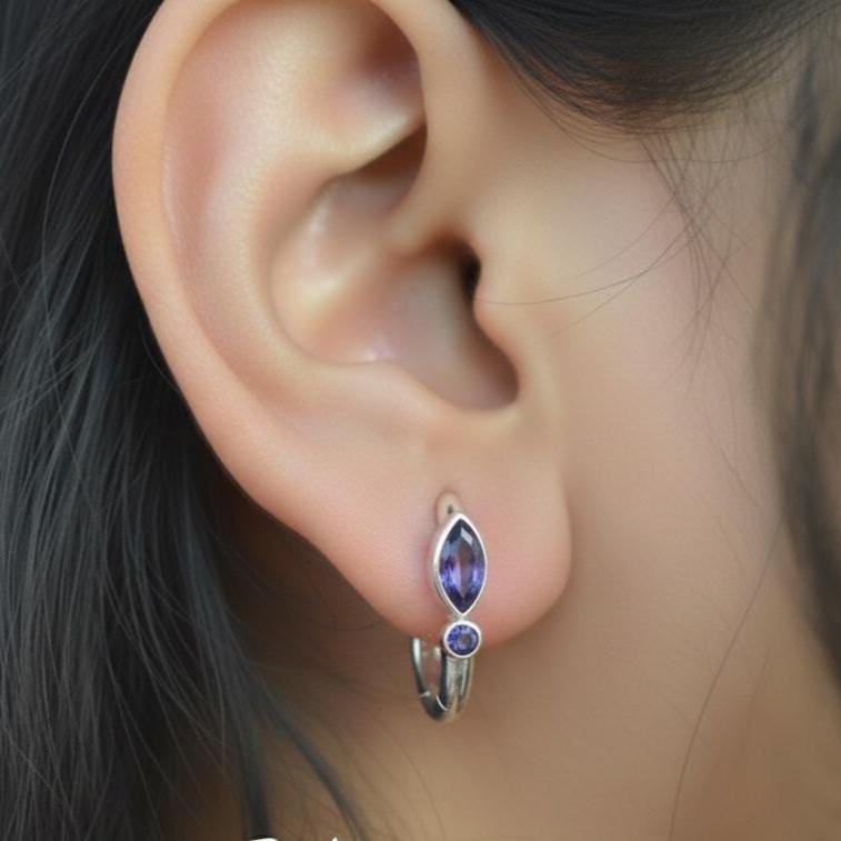 Blue Iolite Hoop Earrings: 925 Sterling Silver Marquise Gemstone Blue Iolite Hoop Earrings: 925 Sterling Silver Marquise Gemstone