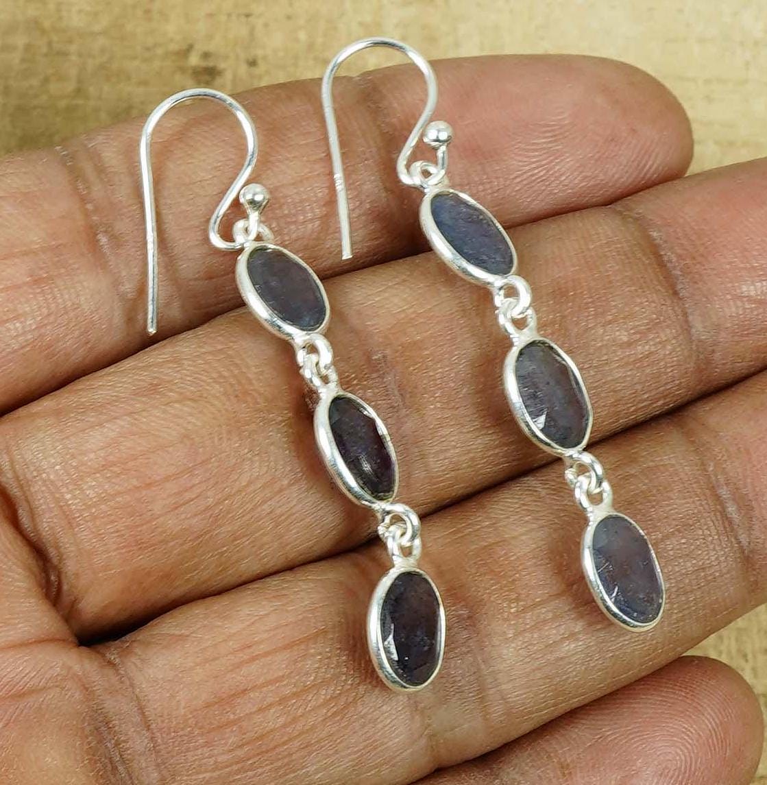 Blue Iolite Sterling Silver Hook Earrings: Faceted Gemstone, December Birthstone Blue Iolite Sterling Silver Hook Earrings: Faceted Gemstone, December Birthstone