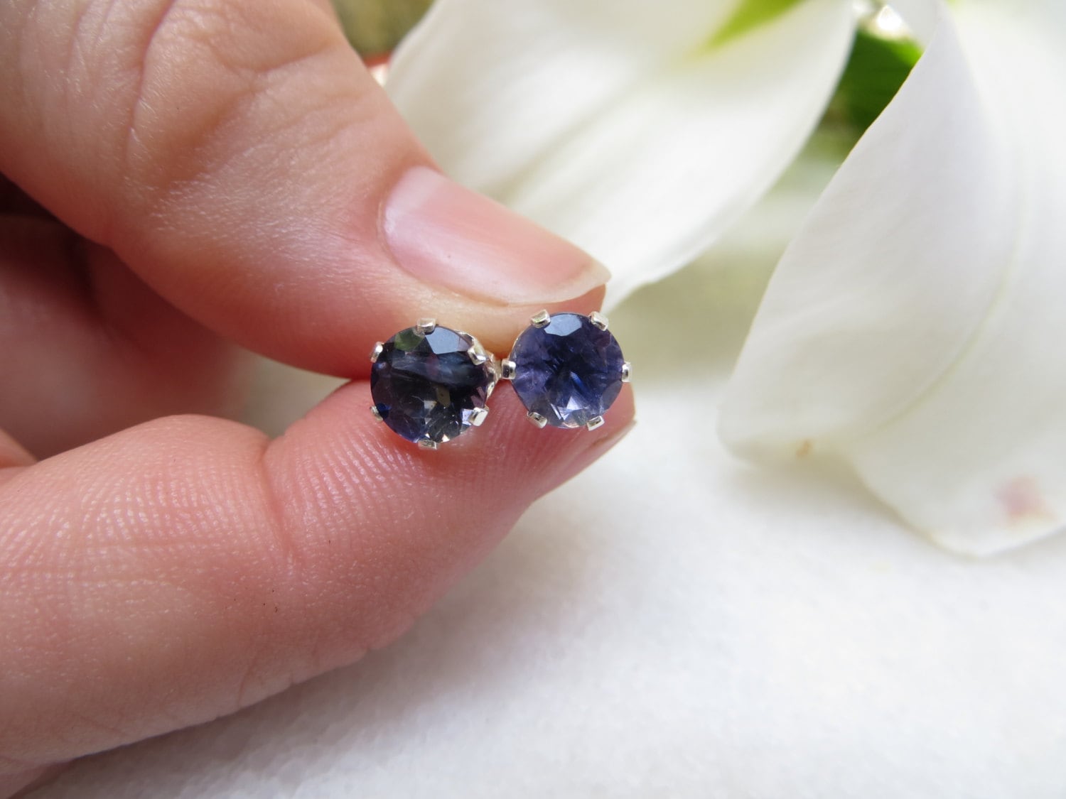 Faceted 6mm Iolite Studs, Sterling Silver Earrings