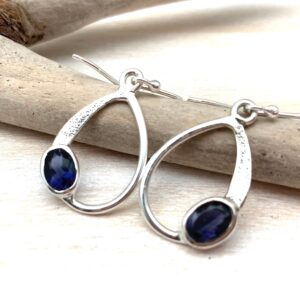 Faceted Iolite Drop Earrings, Textured Sterling Silver, Modern Jewelry