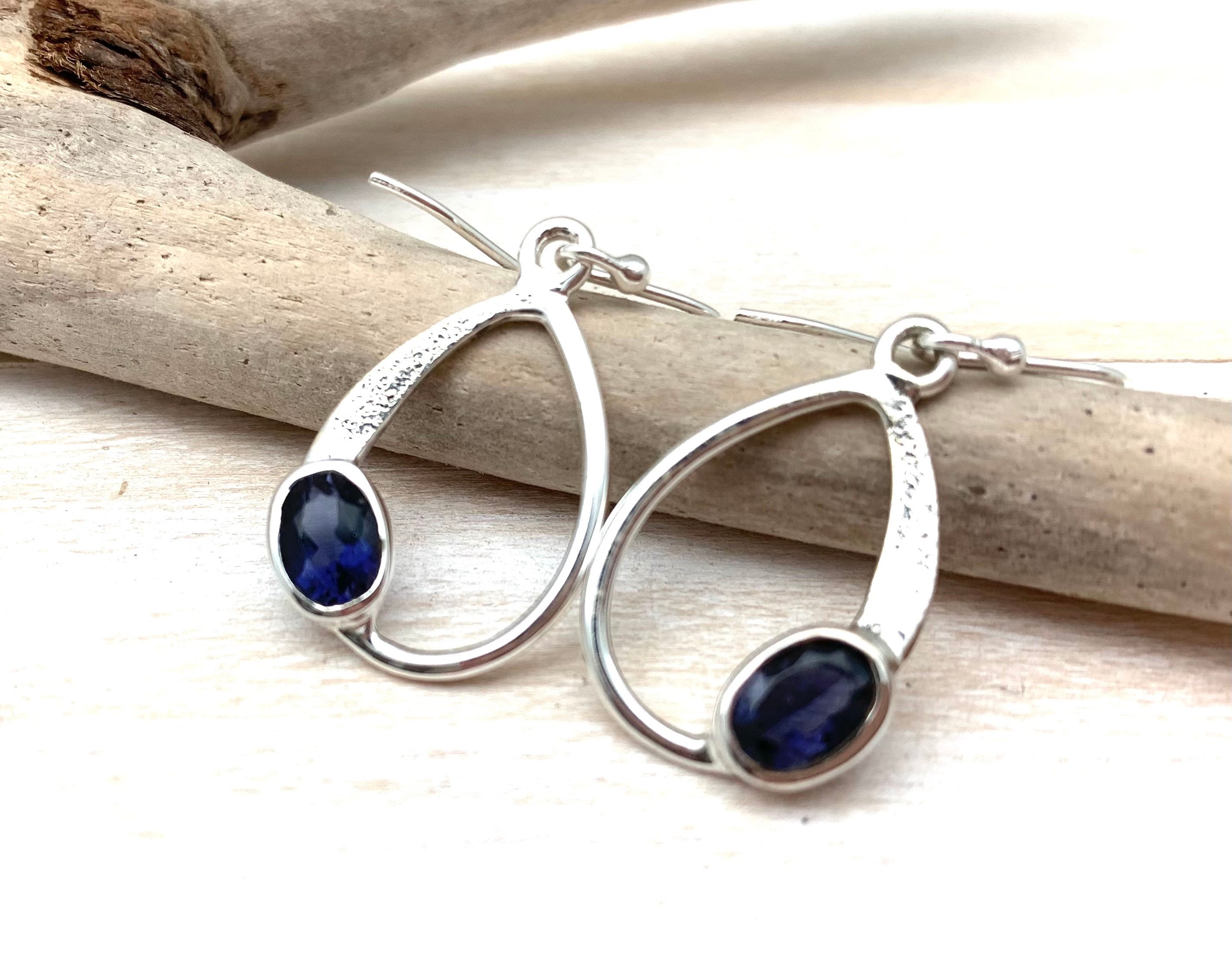 Faceted Iolite Drop Earrings, Textured Sterling Silver, Modern Jewelry