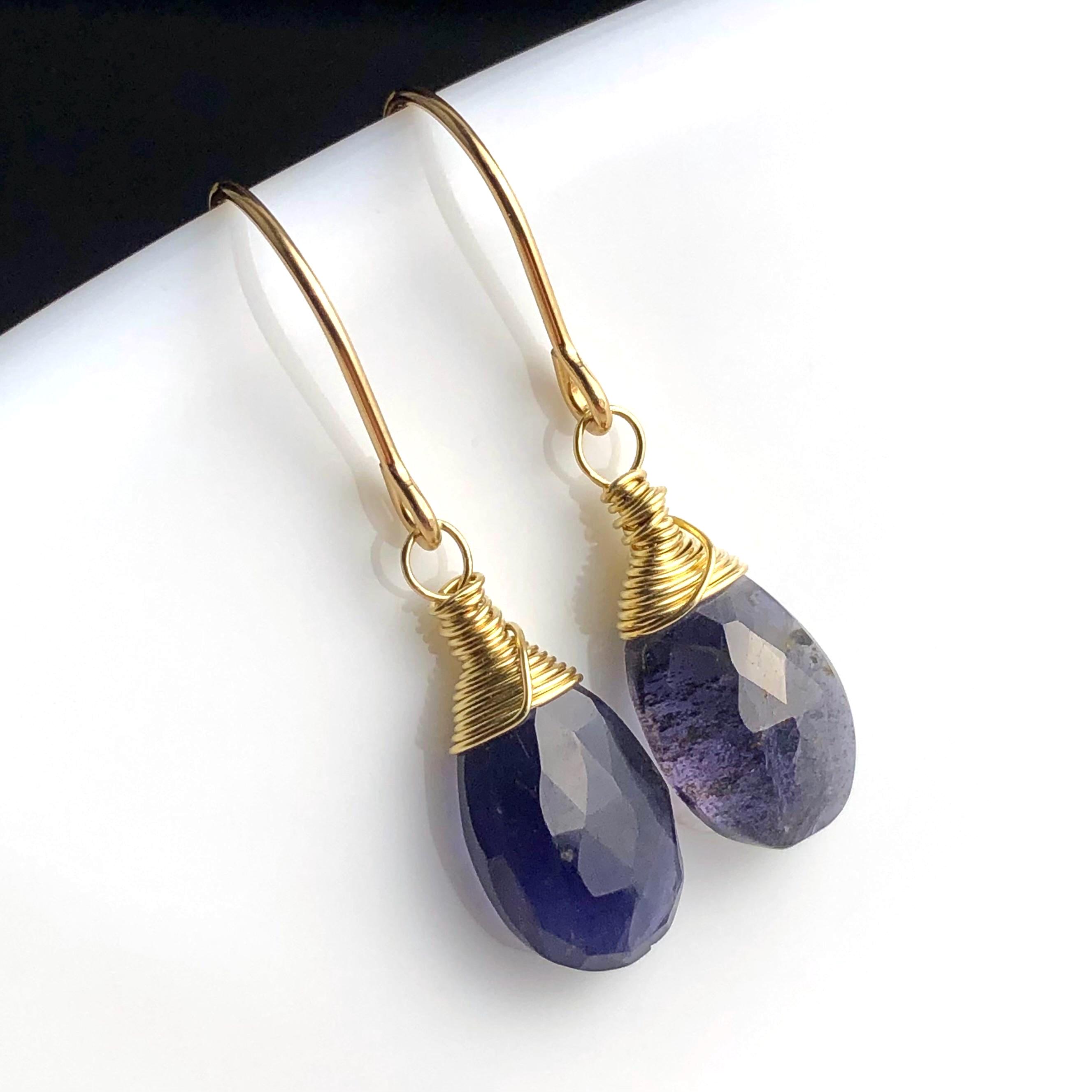 Iolite Earrings, Gold Filled Wire Wrapped Dangle Drops 7724