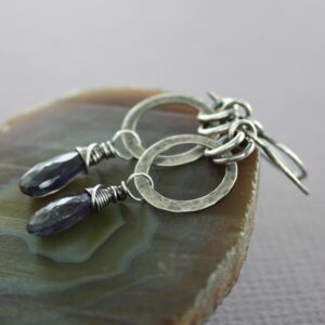 Hammered Sterling Silver Iolite Dangle Hoop Earrings