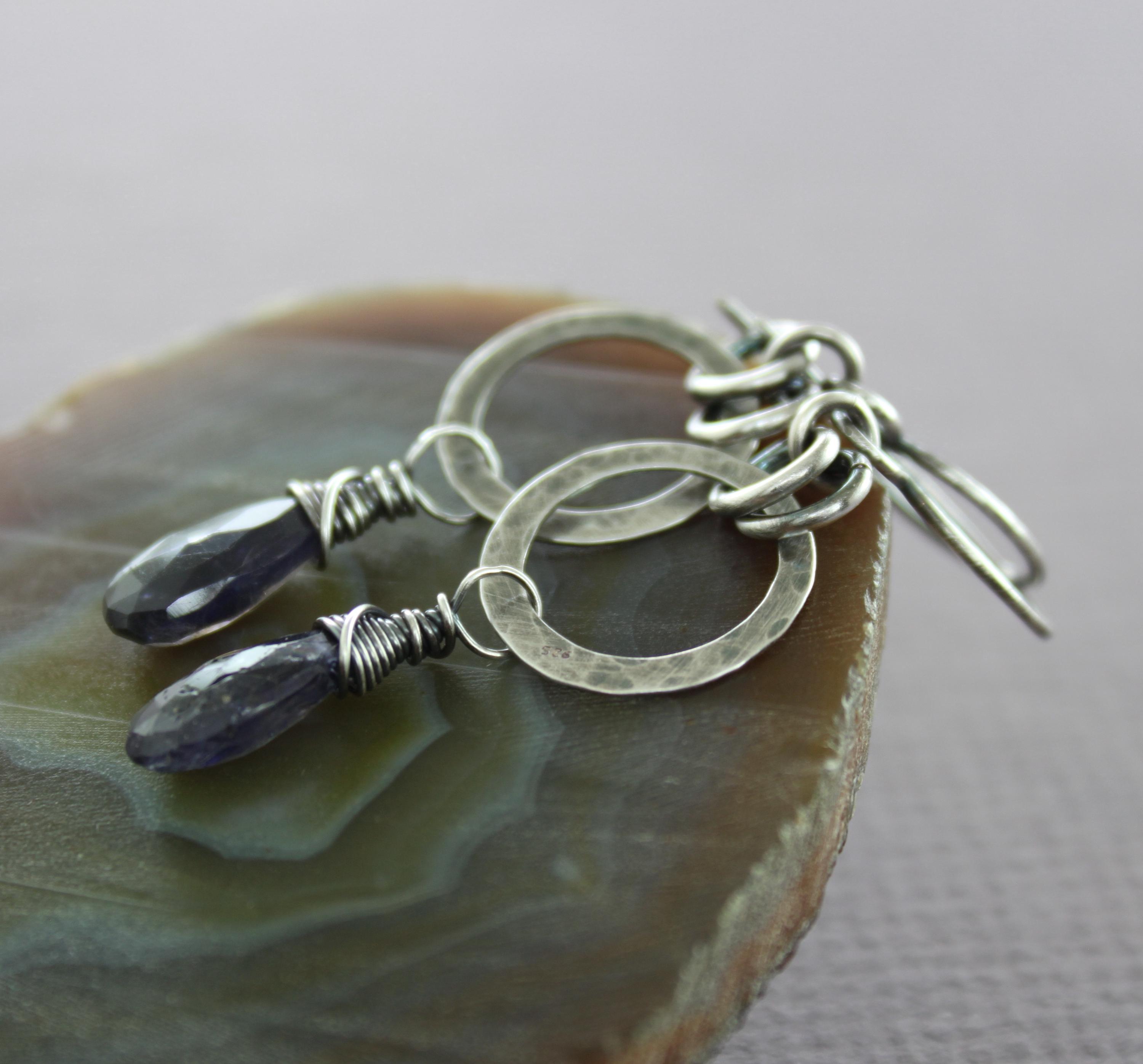 Hammered Sterling Silver Iolite Dangle Hoop Earrings