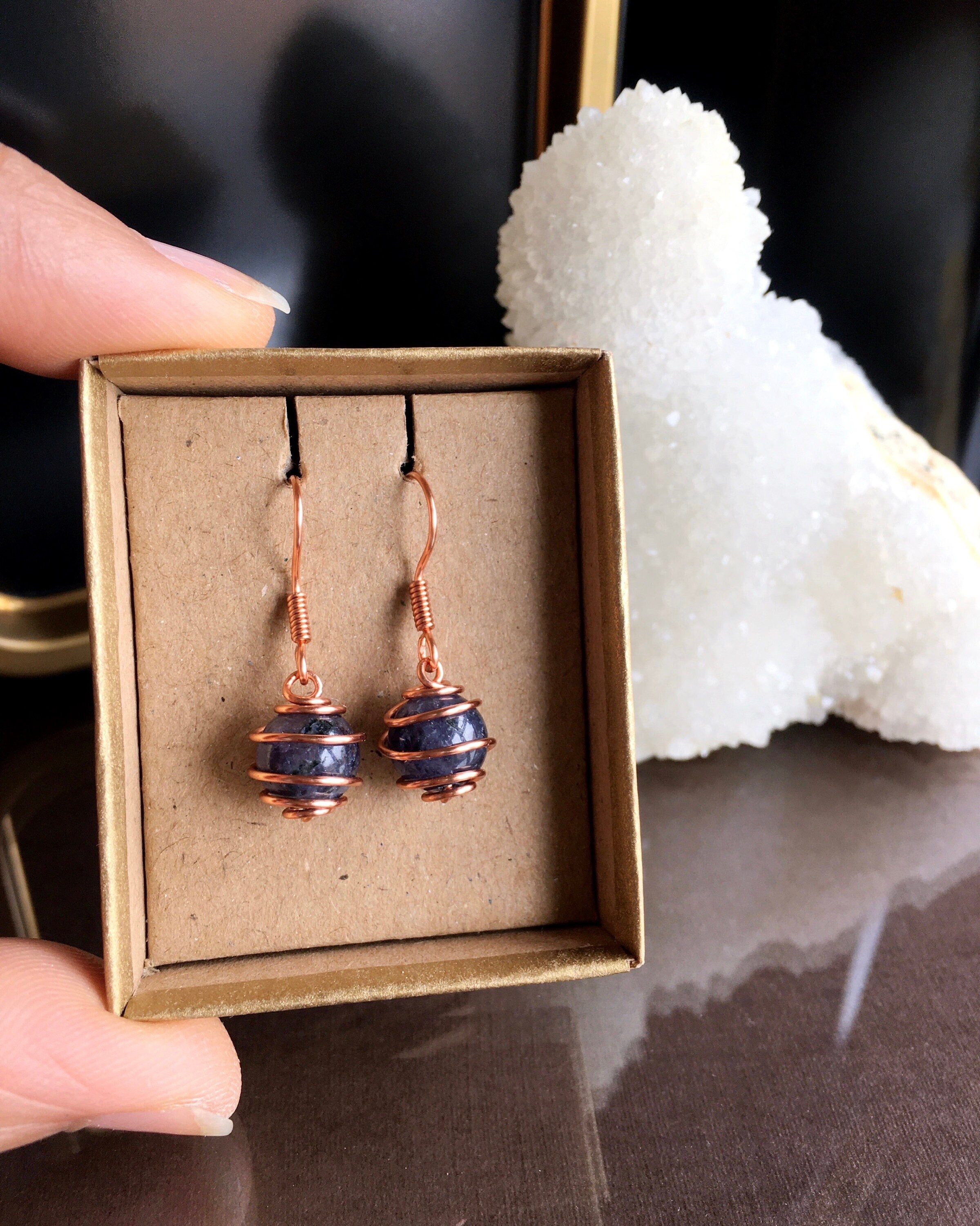 Iolite Earrings: Handmade Copper Wire Wrapped Jewelry