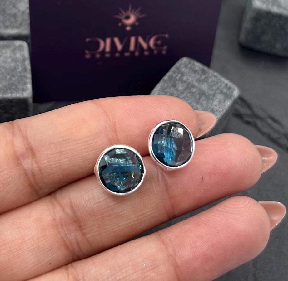 Handmade Faceted Iolite Stud Earrings: 925 Sterling Silver, Round, 10mm Handmade Faceted Iolite Stud Earrings: 925 Sterling Silver, Round, 10mm