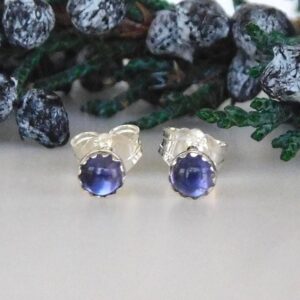 Natural Iolite 3mm Stud Earrings: Second Hole Studs, Viking Sun Stone, Sterling Silver