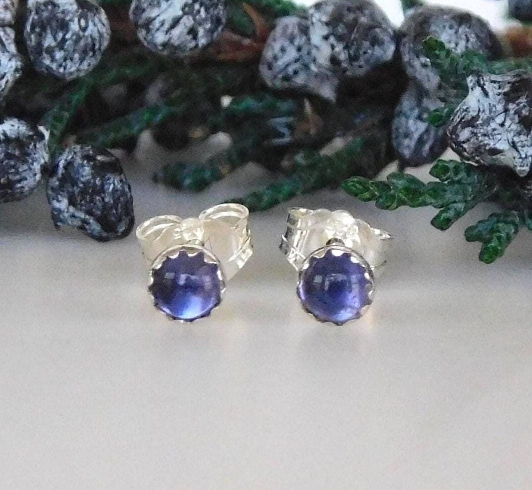 Natural Iolite 3mm Stud Earrings: Second Hole Studs, Viking Sun Stone, Sterling Silver Natural Iolite 3mm Stud Earrings: Second Hole Studs, Viking Sun Stone, Sterling Silver