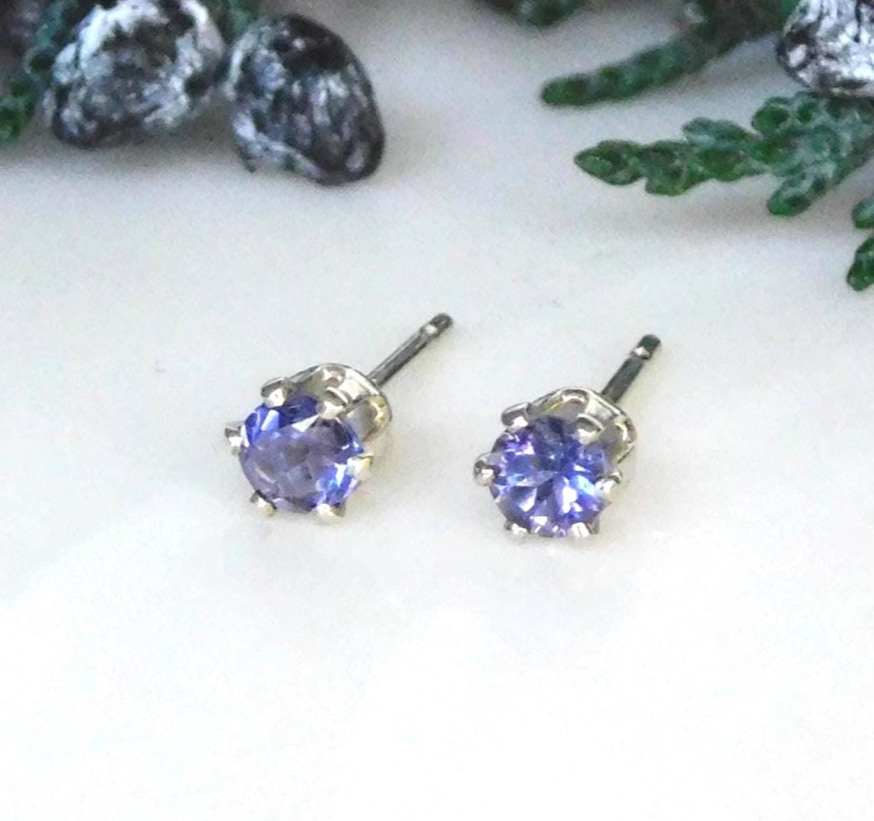 Natural Iolite 3mm Stud Earrings: Second Hole Studs, Sterling Silver