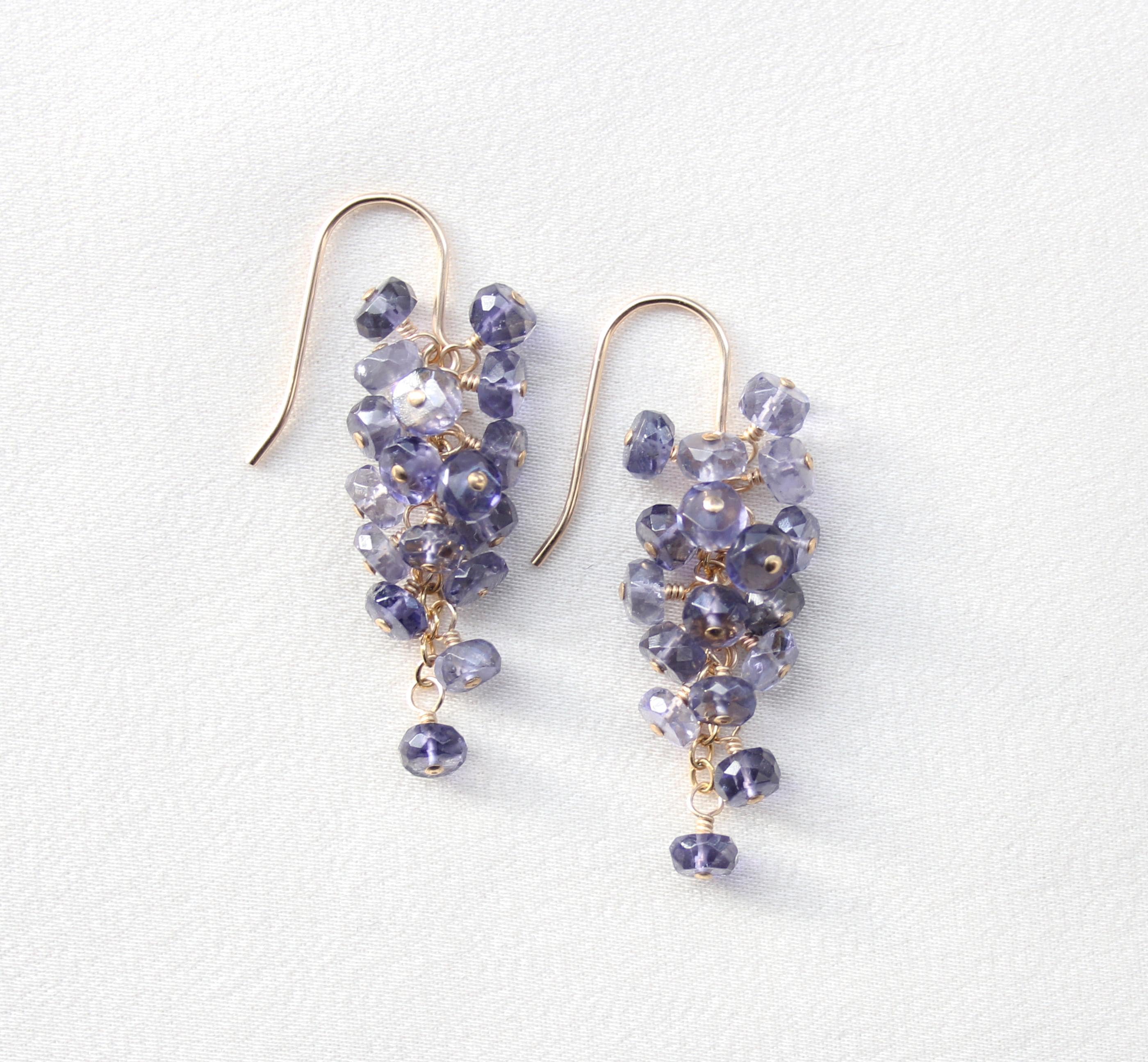 Natural Iolite Cluster Earrings: 14k Gold Filled, Violet Blue Gemstone, Cascade Drop Natural Iolite Cluster Earrings: 14k Gold Filled, Violet Blue Gemstone, Cascade Drop