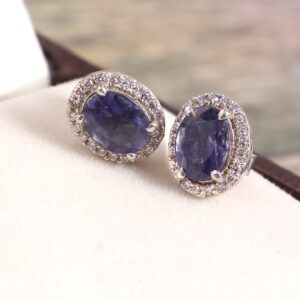 Natural Iolite Earrings, Stud Earrings, Halo Statement Earrings, Delicate Art Deco Earrings, 925 Sterling Silver, Vintage Earrings, Gift Her