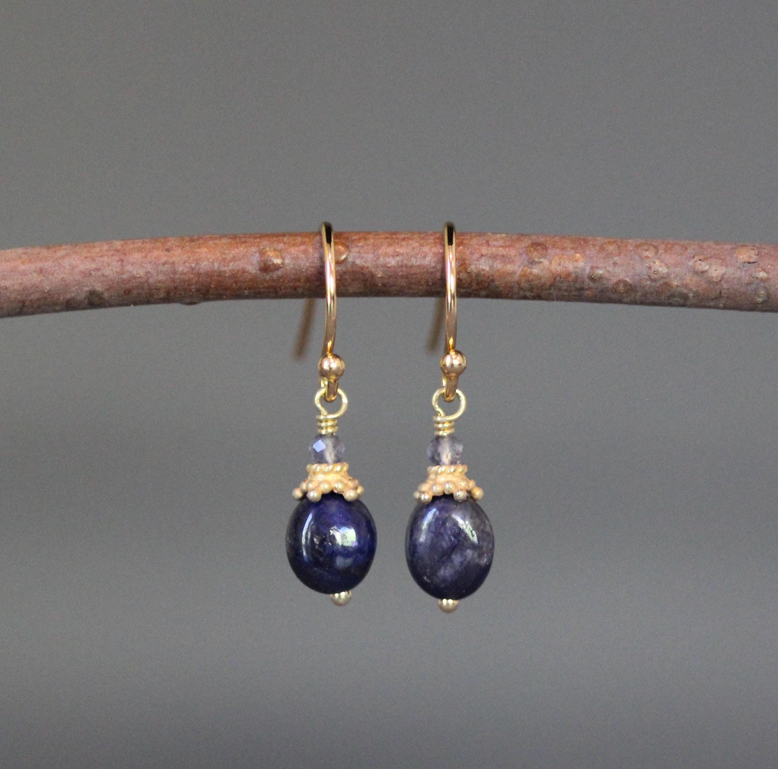 Sapphire Earrings - Iolite Earrings - Blue And Gold Earrings - Blue Gemstone Earrings - Gold Wire Wrap Earrings - 18k Gold Vermeil Earrings