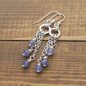 Silver and lavender stone earrings, semiprecious stone iolite beads, silver French hooks, chain and dangle, 2 1/4" long