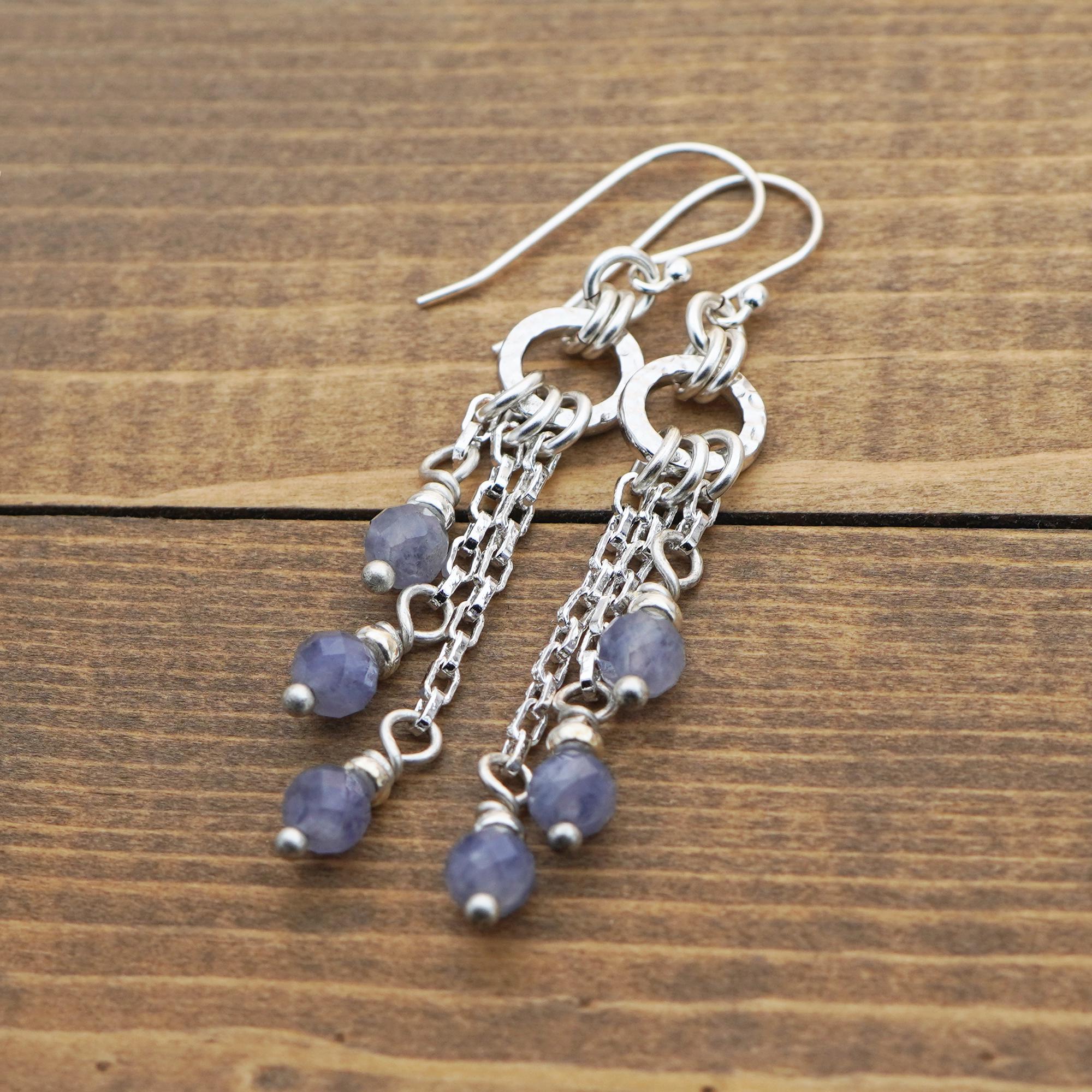 Silver And Lavender Stone Earrings, Semiprecious Stone Iolite Beads, Silver French Hooks, Chain And Dangle, 2 1/4" Long