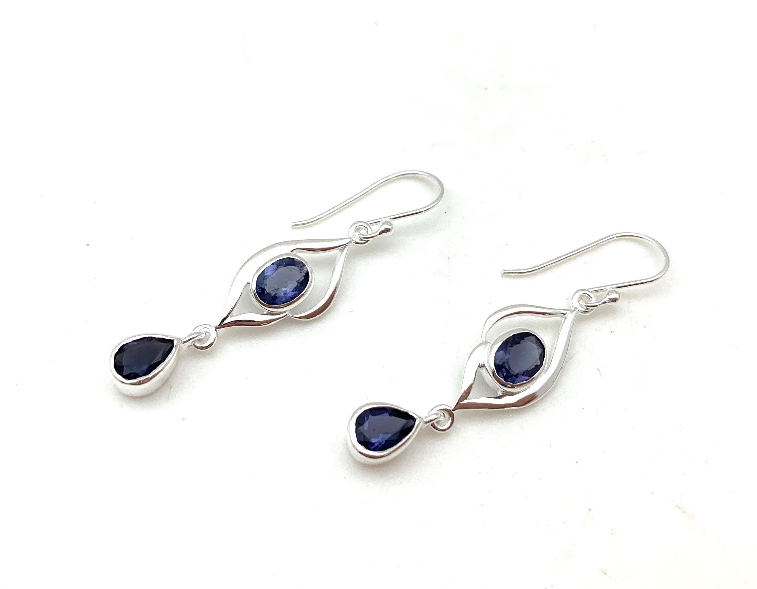 Purple Iolite Sterling Silver Earrings – Dangle Hook Design