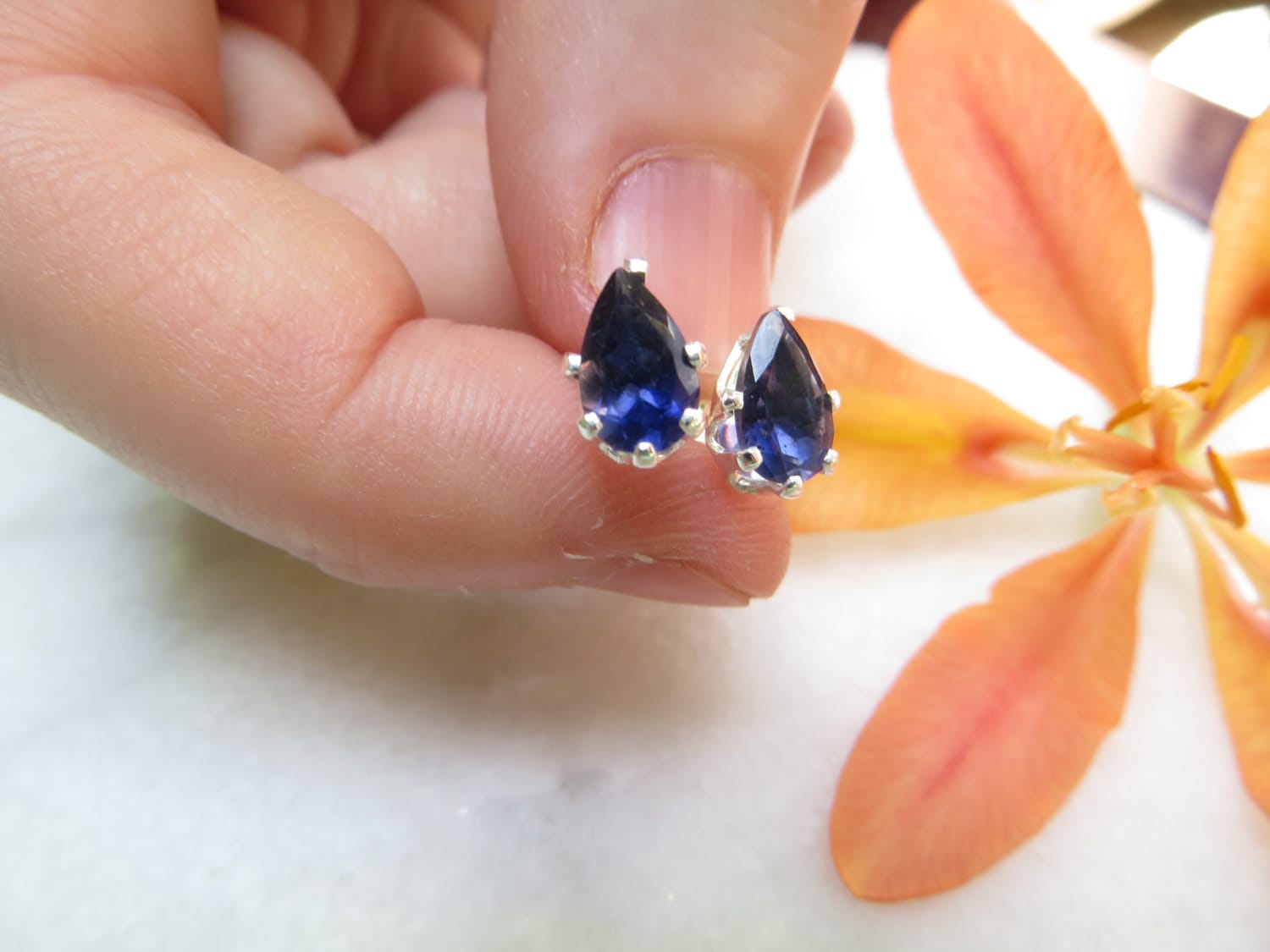 Sterling Silver Iolite Studs, Pear Cut Gemstone Earrings Sterling Silver Iolite Studs, Pear Cut Gemstone Earrings