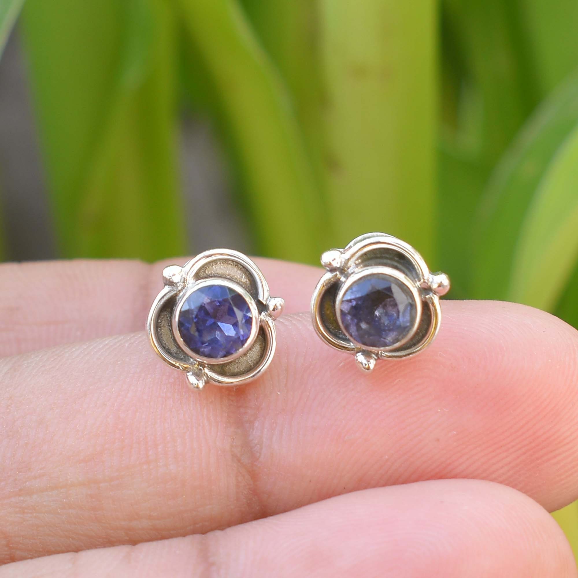 Iolite Stud Earrings: Dainty 925 Sterling Silver Gemstone Posts