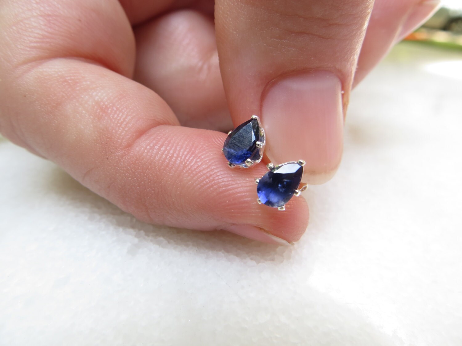 Iolite Studs, Pear Cut Sterling Silver Earrings, Gemstone Posts