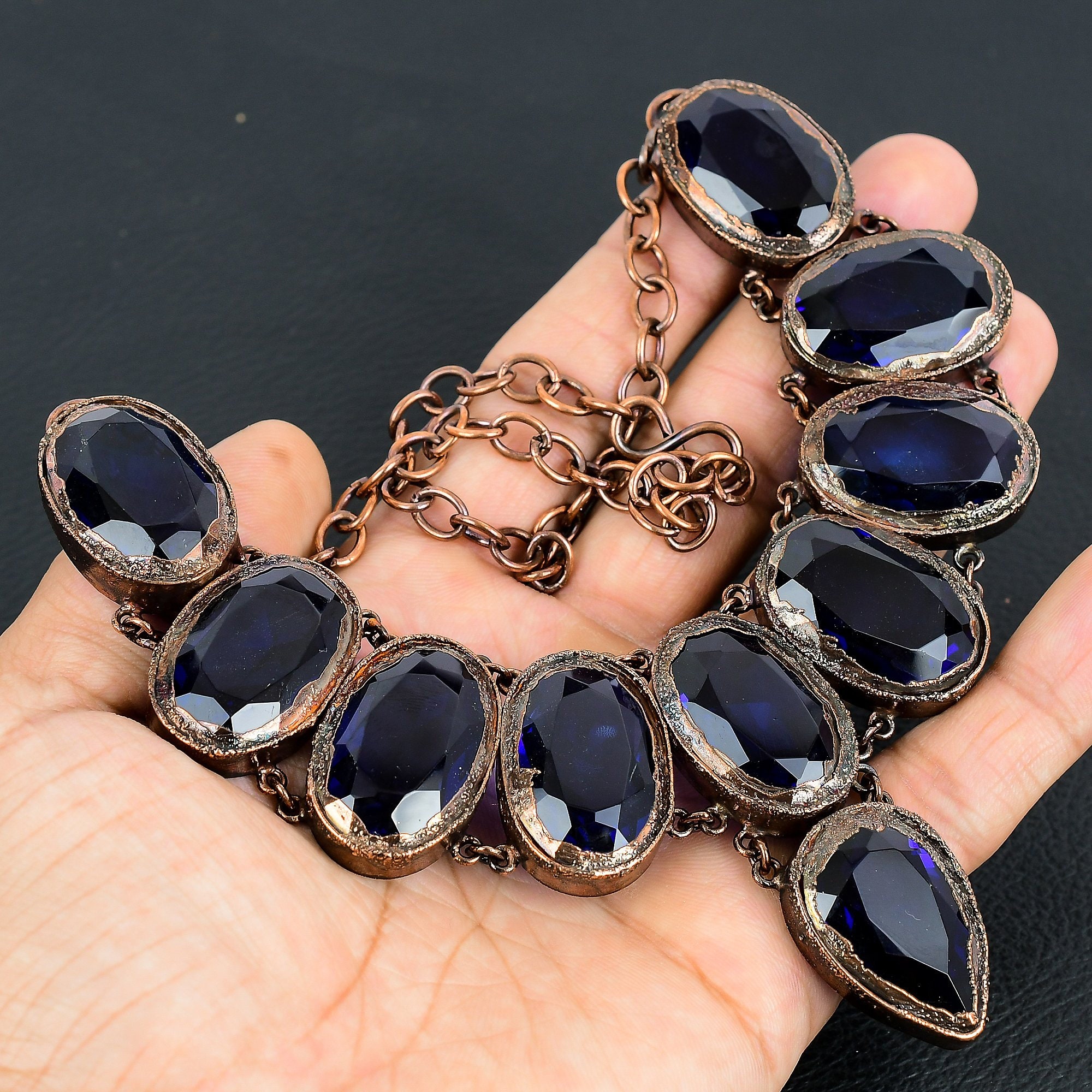 Blue Sapphire Necklace, Electroformed Copper Necklace, Gemstone Jewelry Adjustable Chain Iolite Necklace, Gift For Her Wedding & Anniversary