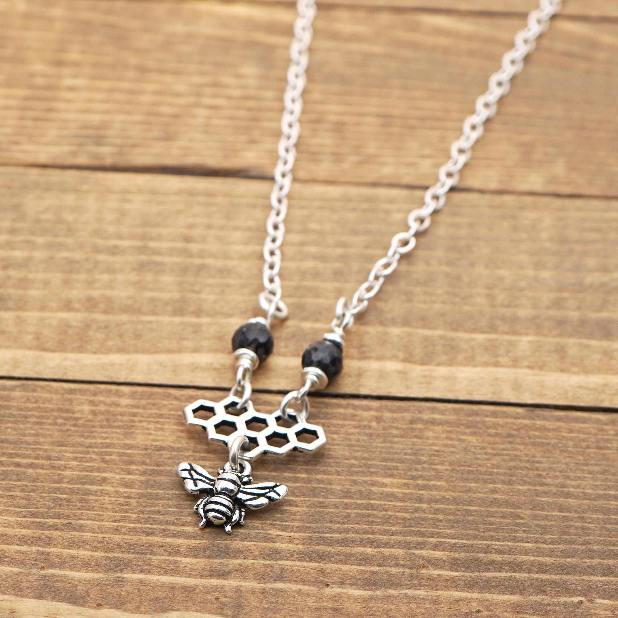 Dainty Bee Necklace With Blueish Purple Iolite Beads, Honeycomb, Silver Tone Chain, 17 3/4 Inches Long Dainty Bee Necklace With Blueish Purple Iolite Beads, Honeycomb, Silver Tone Chain, 17 3/4 Inches Long