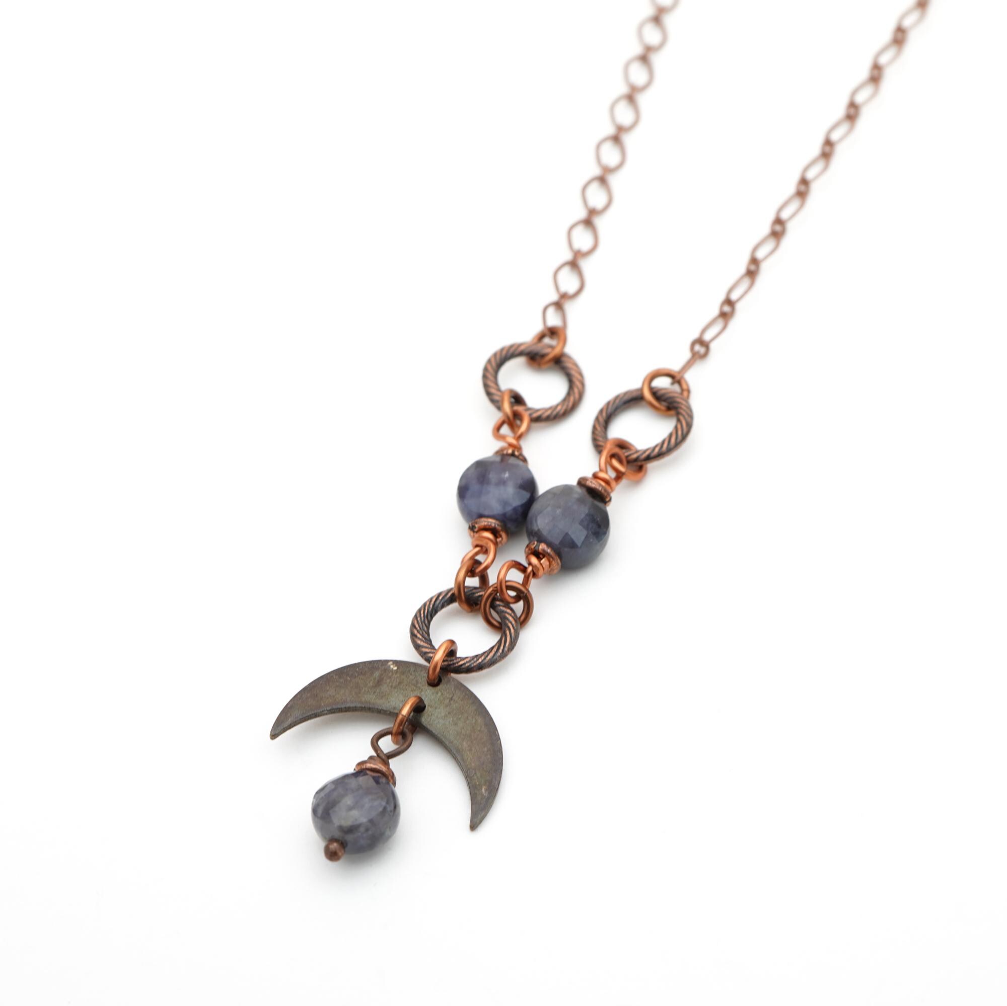 Dainty Crescent Moon Necklace, Chain, Blueish Purple Faceted Iolite Stone Beads And Copper Tones, 20 1/4 Inches Long Dainty Crescent Moon Necklace, Chain, Blueish Purple Faceted Iolite Stone Beads And Copper Tones, 20 1/4 Inches Long