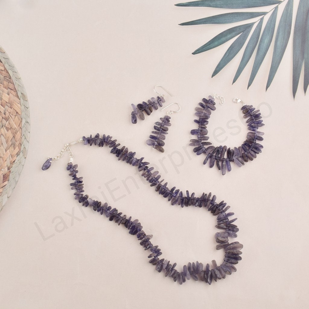Natural Iolite Jewelry Set In 925 Sterling Silver, Necklace, Bracelet, Earring, Raw Gemstone, Uncut, Christmas Gift, Handmade Jewelry, Gift Natural Iolite Jewelry Set In 925 Sterling Silver, Necklace, Bracelet, Earring, Raw Gemstone, Uncut, Christmas Gift, Handmade Jewelry, Gift