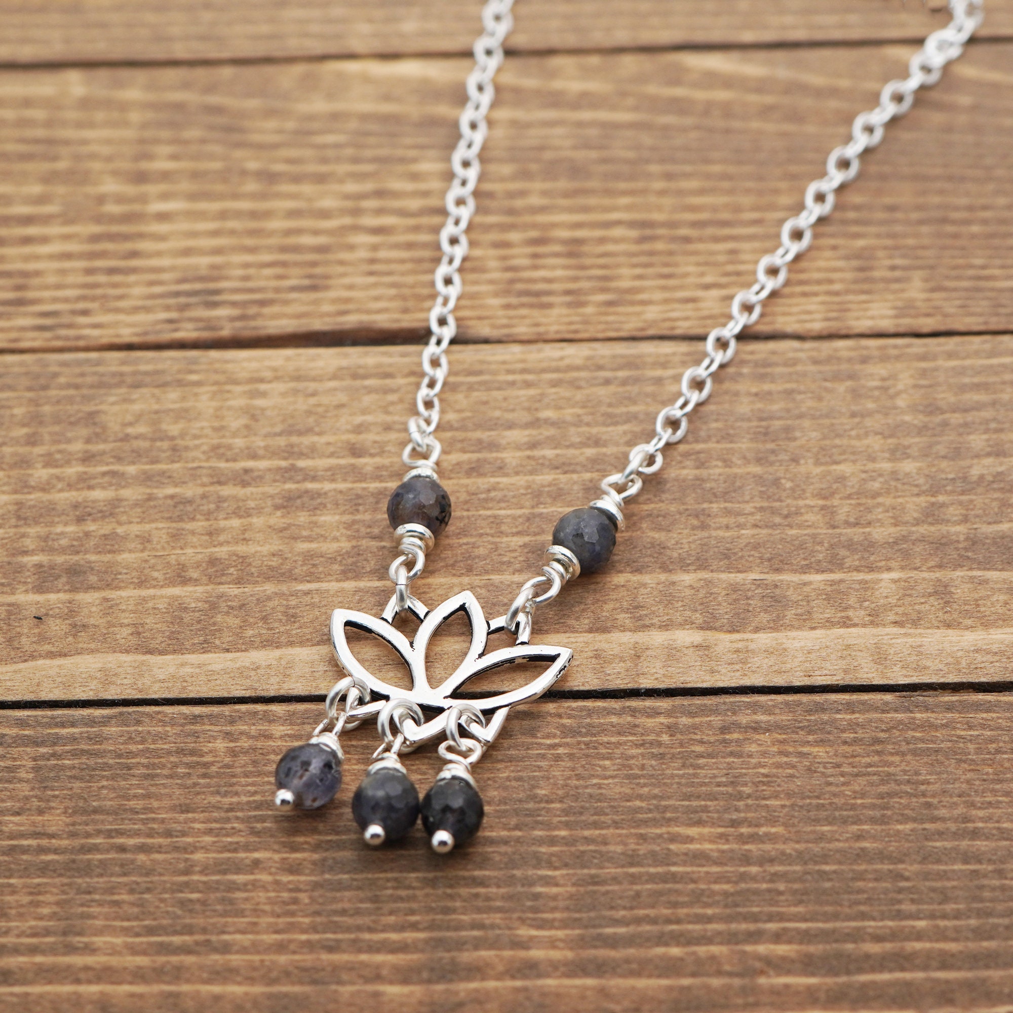 Silver Lotus Flower Necklace With Blueish Purple Iolite Beads, Silver Tone Chain, 19 3/4 Inches Long Silver Lotus Flower Necklace With Blueish Purple Iolite Beads, Silver Tone Chain, 19 3/4 Inches Long